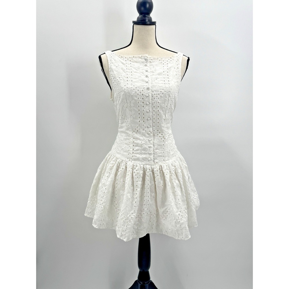 Eyelet Lace Drop Waist Mini Dress Large Open Back Button Front High Neck Cottage